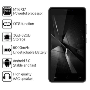 CUBOT H3 SmartPhone 3GB RAM 32GB ROM 5.0" IPS MTK6737 Quad Core Android 7.0 6000MAH 13.0MP Fingerprint 4G LTE Mobile Phone